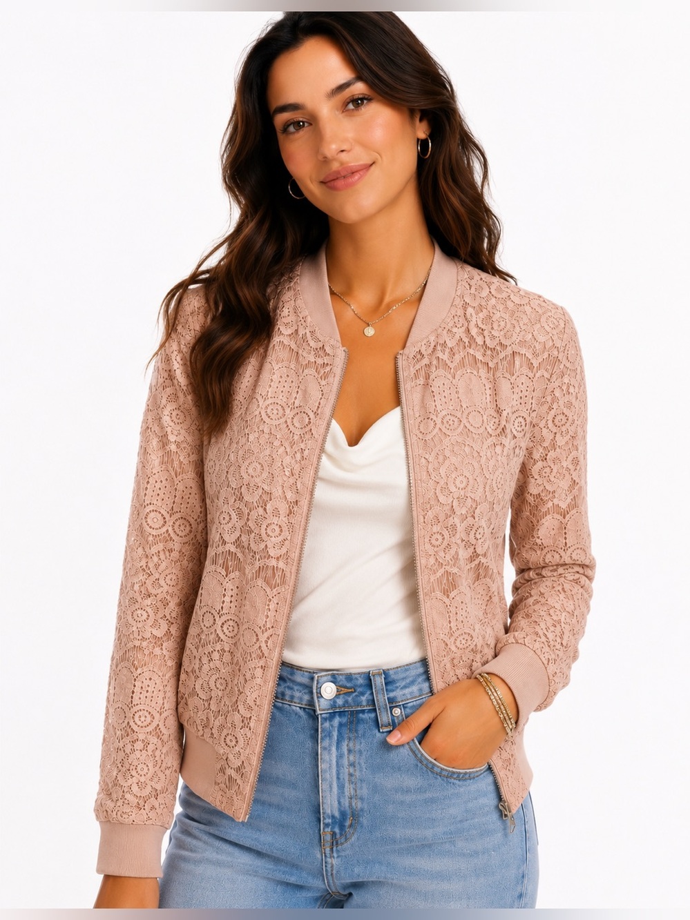 Elodie Blush Lace Bomber Jacket
